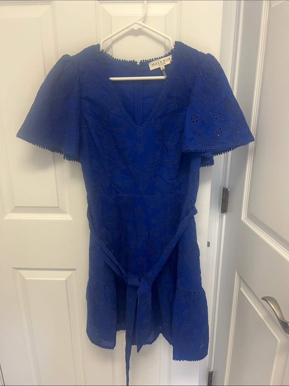 Hale Bob Royal Blue Eyelet V-Neck Belted Dress